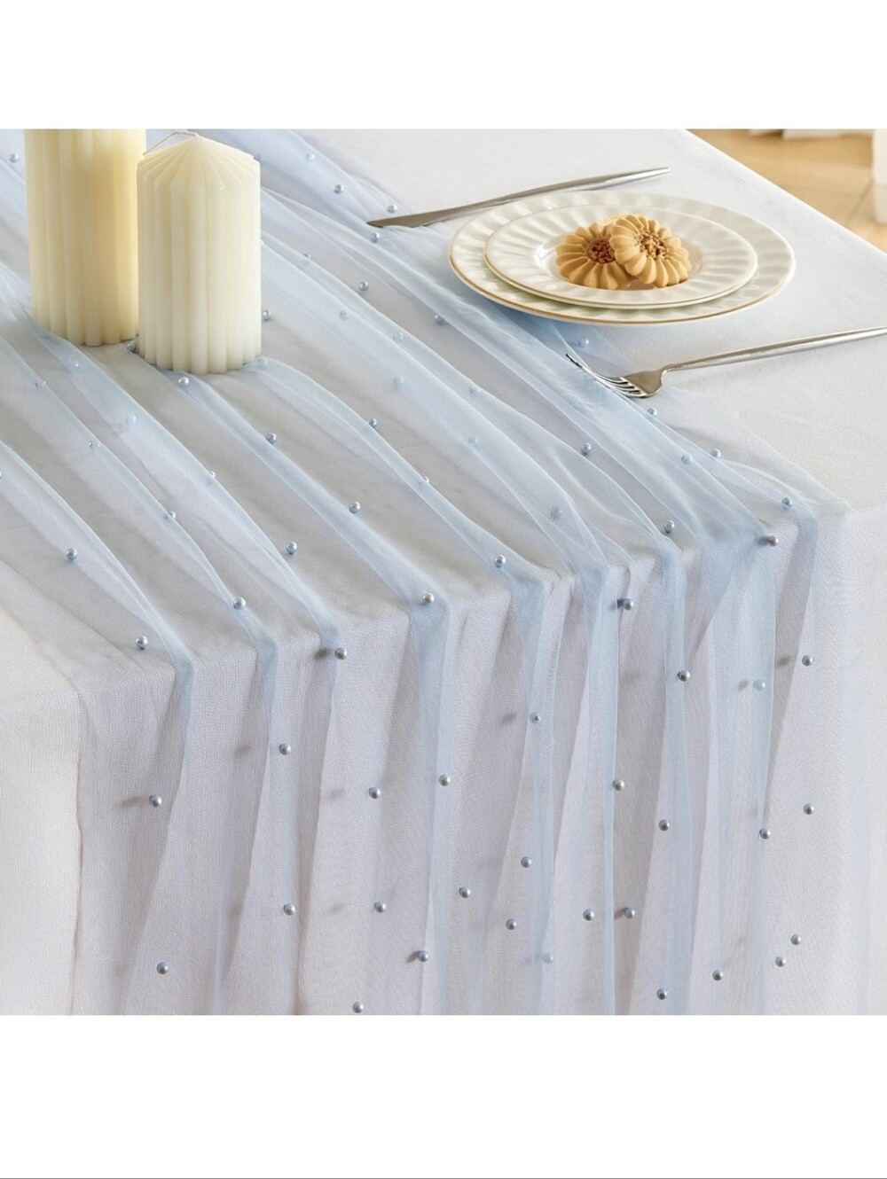 Two Fanami Pearl Table Runners -10FT Dusty Blue Tulle